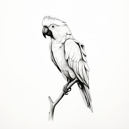 this vibrant parrot stands out against a pristine white background, its colorful plumage and expressive eyes captivating the viewer as it gazes directly into the camera, showcasing its stunning profile in a beautifully simplistic, hand-drawn illustration with bold black lines. ai generatedの素材