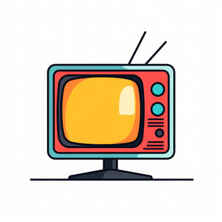 the tv, depicted in a simple iconic form, stands out against a pristine white background, its solid colors and bold black outline evoking a graphic novel aesthetic, perfect for digital designs, websites, and blogs focused on technology, entertainment, and media. ai generatedの素材