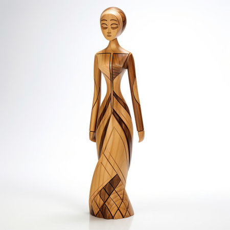 the wooden figurine of a woman stands elegantly on a pristine white background, showcasing exceptional craftsmanship and attention to detail, highlighting the beauty of handmade wooden sculptures, wooden art, and wooden decorative items, perfect for home decor and wooden gift ideas. ai generatedの素材
