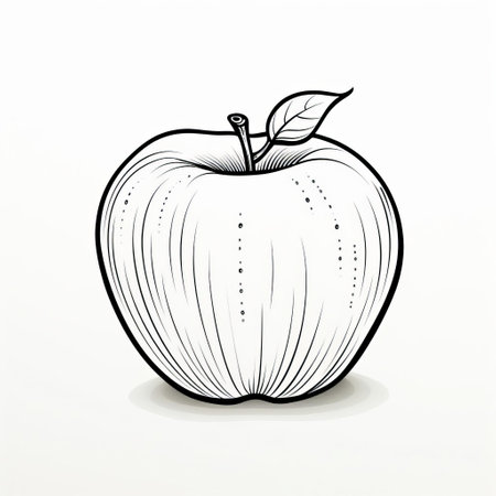 a hand-drawn vector illustration of an apple on a white background. the apple is depicted with precise line work, using light black and light beige colors. influenced by ancient chinese art, the illustration has a sleek metallic finish. the style features bold, graphic lines and engraved line-work, giving it a unique and eye-catching appearance. ai generatedの素材