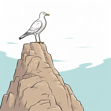 seagull perched on karst, side view, clean black line art on white backdrop. ai generatedの素材