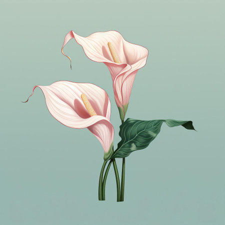 the zantedeschia flowers, delicately illustrated in a classic japanese style, sit elegantly on a soft pink background, surrounded by subtle hints of light aquamarine and gold accents, evoking a sense of nature-inspired simplicity and historical illustration, reminiscent of traditional thai art, with contrasting values that showcase the beauty of hand-drawn art. ai generatedの素材