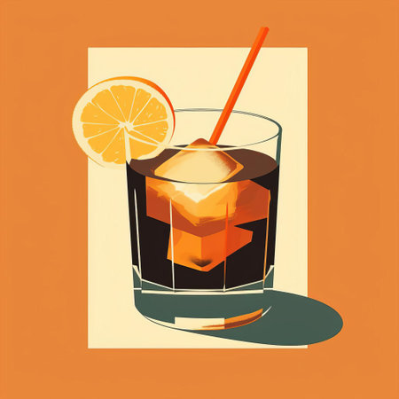 the black tea cocktail, a nostalgic blend of flavors, is beautifully illustrated in a vintage-inspired poster, reminiscent of the 1950s, featuring a simple yet elegant design, with a limited color palette of four, evoking a classic era of sophistication and refinement, perfect for tea enthusiasts and retro design lovers. ai generatedの素材