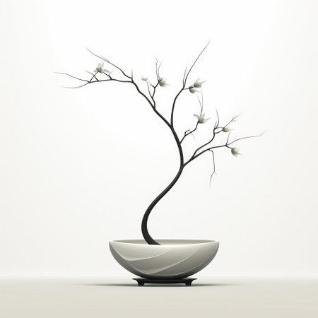this elegant bonsai tree, with its slender long stem and minimalist design, stands out against a crisp white background, showcasing the beauty of japanese-inspired horticulture and the art of patience, perfect for nature lovers and fans of monochrome aesthetics. ai generatedの素材