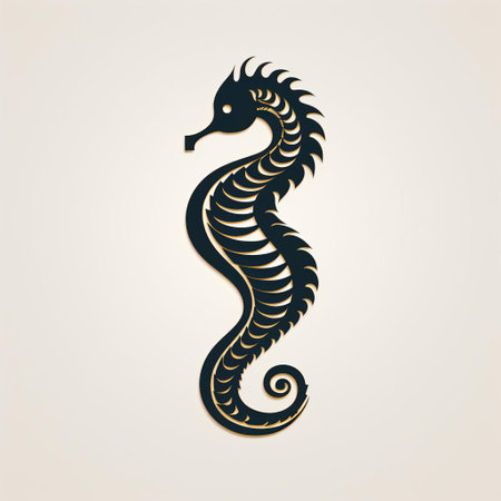 this seahorse icon, with its sleek and polished black design, boasts refined lines and precise details that convey strength and determination, making it a striking visual element that stands out elegantly against a clean white background, perfect for marine life enthusiasts and graphic designers alike. ai generatedの素材