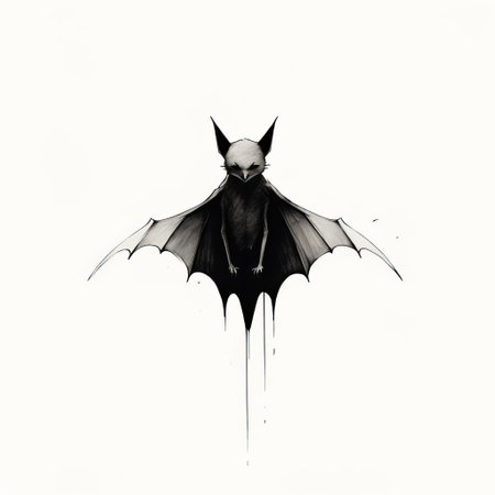 this bat, with its sleek, dark silhouette, gazes directly into the camera, its piercing eyes standing out against a pristine white background, creating a striking visual contrast that highlights the mysterious allure of these nocturnal creatures, often associated with halloween and spooky atmospheres. ai generatedの素材