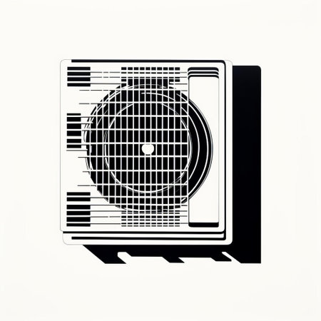 this air conditioner stencil, reminiscent of shigeo fukuda's iconic style, is reimagined in a striking black and white grainy print, set against a backdrop of 70s-inspired geometrical shapes, evoking a nostalgic retro vibe, perfect for fans of vintage design and risography prints. ai generatedの素材