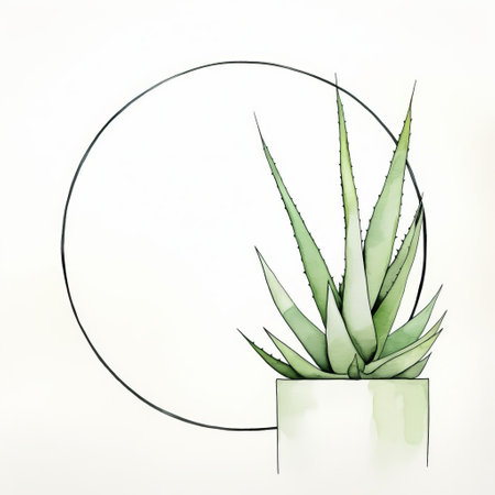 the aloe vera wreath, crafted in a minimalist de stijl style, features delicate watercolor line art on a pristine white backdrop, showcasing the soothing soft green hues of the iconic succulent, perfect for botanical art enthusiasts and nature-inspired home decor. ai generatedの素材