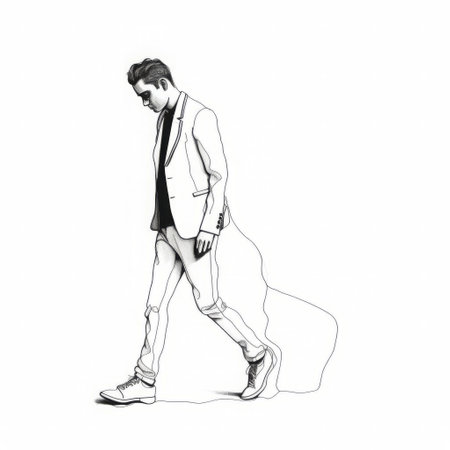 the man stands confidently against a pristine white background, his entire body outlined in a continuous line, creating a striking visual effect that highlights his masculine physique, showcasing a sense of strength and elegance in this minimalist yet powerful portrait. ai generatedの素材