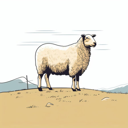a sheep stands on the plains, depicted in a hyper-detailed illustration style. the linear illustrations showcase colorized and simplified line work, creating a visually captivating image. this 32k uhd photograph captures the whistlerian essence with its flat perspective, bringing the sheep and the vast plains to life. ai generatedの素材