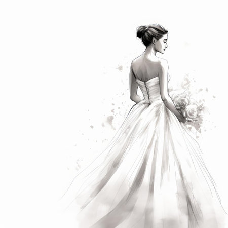 the bride, with her chic short hair, strides confidently in profile view, her hands casually tucked into her pockets, wearing sport shoes, against a serene white background, with a subtle tree silhouette behind her, exuding a sense of modern elegance and effortless charm, perfect for wedding inspiration and bridal fashion ideas. ai generatedの素材