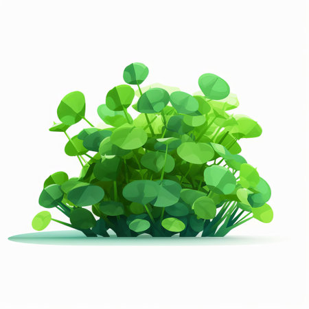 small green shoots with green leaves are depicted on a white background in this 2d game art-style photo. the image showcases a seapunk aesthetic, combining realistic yet stylized elements. the shoots are arranged in rounded, tranquil gardenscapes, surrounded by dusty piles. the overall effect is enhanced by the presence of luminous 3d objects. ai generatedの素材