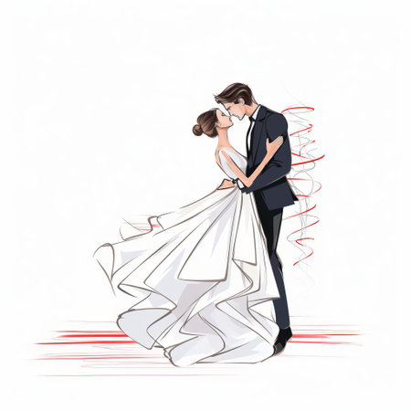 the bride, adorned in a stunning white wedding gown, stands confidently in front of a pure white background, her slender figure and delicate features accentuated by the elegant continuous line art style, capturing the essence of romance and sophistication on her special day. ai generatedの素材