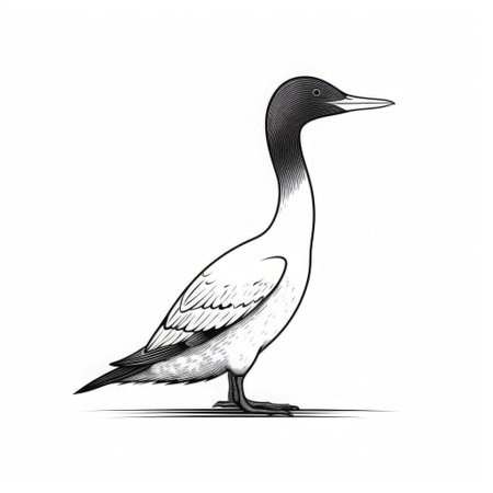 the common loon, a majestic bird with distinctive black and white feathers, is beautifully illustrated in a minimalist style with thick lines, showcasing its sleek side view, set against a clean white isolated background, highlighting its natural elegance and simplicity. ai generatedの素材