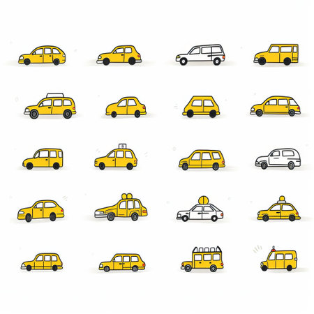 this cheerful taxi illustration, set against a crisp white background, showcases a simple yet charming line drawing of a bright yellow cab, complete with a smiling face and headlights, perfect for kids' designs, nursery decorations, and educational materials, evoking feelings of fun and adventure. ai generatedの素材