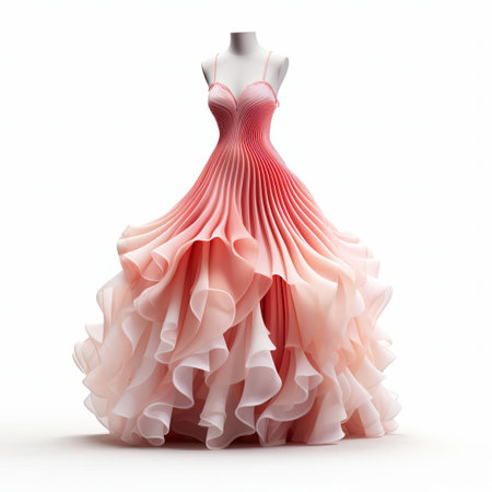 the 3d fashion dress, a stunning female attire, is beautifully showcased on a pristine white isolated background, highlighting its intricate design, vibrant colors, and flowing silhouette, perfect for fashion designers, stylists, and enthusiasts looking for inspiration in 3d modeling, virtual try-on, and digital fashion. ai generatedの素材