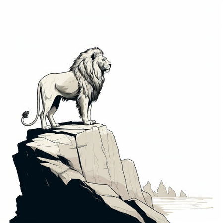 a lion stands majestically on a rocky beach in this vector illustration. the artwork is done in a dark white and light gray style, reminiscent of historical reproductions. the mastery of perspective is evident, with clean and sharp inking. the illustration draws inspiration from himalayan art and gothic illustration, creating a sense of a gigantic scale. ai generatedの素材