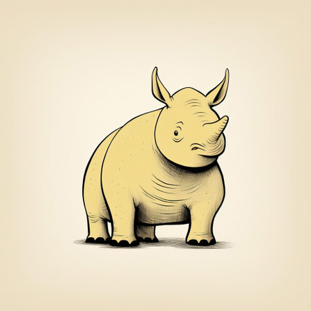 this quirky rhinoceros, illustrated in a minimalist doodle style reminiscent of a simple comic strip, showcases its playful personality in a full-body pose, highlighting its chunky body, short legs, and distinctive horn, perfect for cartoon lovers and fans of whimsical animal art. ai generatedの素材
