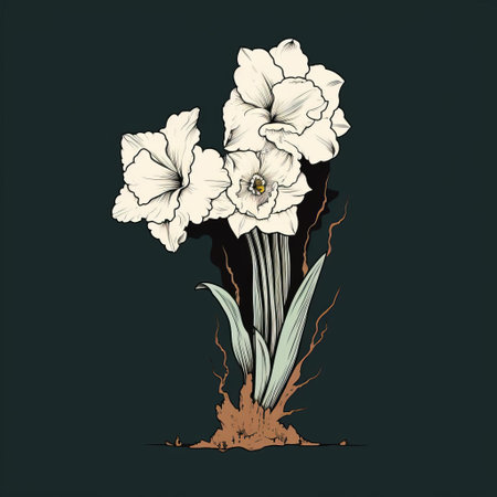 narcissus with a wide cracked trunk in vintage style, featuring a flat design in black and white. the simple line drawing captures the essence of this unique plant, adding a touch of elegance to any space. ai generatedの素材