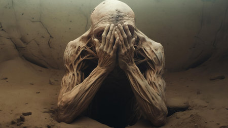 the creature, depicted in a stunning hyper-realistic sci-fi style, stands in shock, hands clutching its head, conveying a powerful emotional response, set against a stark, grainy, and tenebrous backdrop, with bold and dynamic lines, reminiscent of alessio albi's and andrew ferez's works, crafted with minimal retouching using bryce 3d. ai generatedの素材
