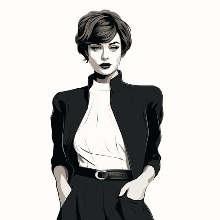katherine, depicted in a simple yet elegant line art vector image, stands confidently in a full-body pose, showcasing her stylish short hair, perfect for modern design projects, illustrations, and digital art, emphasizing minimalism and sophistication. ai generatedの素材