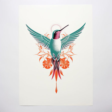 a vibrant and eye-catching graphic design featuring a detailed portrait of a hummingbird gracefully perched on a swan, set against a light teal and crimson background. this unique artwork by tim shumate showcases bold colors, subtle gradients, and flourishing botanical elements. perfect for lovers of bold and colorful designs, this piece is reminiscent of screen printing techniques and is sure to make a statement. aiの素材
