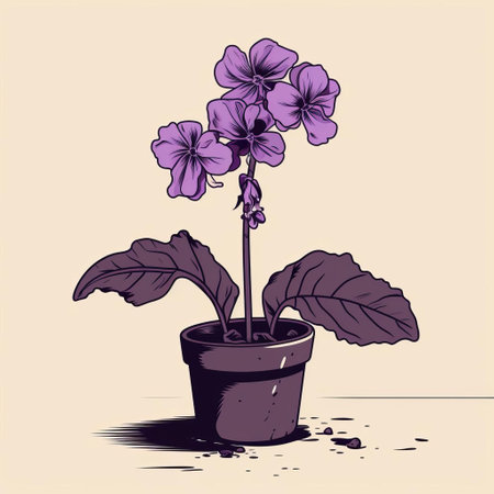 the african violet, showcased in a stunning vintage style illustration, boasts a uniquely wide and cracked trunk, beautifully rendered in a flat design with simple, elegant lines, presented in a striking black and white color scheme, perfect for nature lovers and botanical art enthusiasts alike. ai generatedの素材