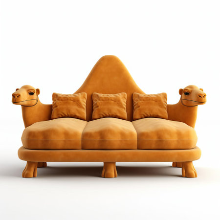 this camel-inspired 3d sofa design sits elegantly on a white isolated background, showcasing its unique blend of modern furniture style and desert-inspired aesthetics, perfect for interior designers and 3d modelers seeking innovative, futuristic, and exotic living room decor ideas. ai generatedの素材