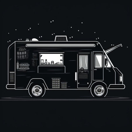 the illustration features a side silhouette of a food truck on a solid black background. created with minimalistic lines, the image showcases the distinct outline of the food truck. the black and white contrasts emphasize the shape of the truck, resulting in a striking and visually appealing composition. ai generatedの素材