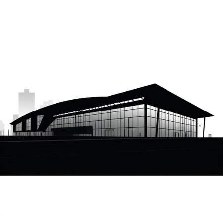 the convention center's solid black silhouette stands out against a crisp white background, showcasing a simplistic, minimalistic, and clear outline, perfect for use in architectural, urban planning, or event planning presentations, highlighting modern design and sleek aesthetics. ai generatedの素材