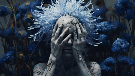 the cornflower old creature, depicted in a stunning hyper-realistic sci-fi art style, stands in shock with hands on its head, conveying a powerful emotional response, brought to life through the masterful use of bold and dynamic lines, minimal retouching, and a grainy, tenebrous atmosphere, reminiscent of alessio albi and andrew ferez's work, crafted with bryce 3d. ai generatedの素材