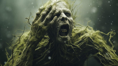 the creature, depicted in a moss green hue, stands in shock, hands clasped atop its head, evoking a sense of raw emotion in this hyper-realistic sci-fi artwork, reminiscent of alessio albi's style, crafted with bryce 3d software, featuring minimal retouching, grainy textures, and bold, dynamic lines, evoking a tenebrous atmosphere, inspired by andrew ferez's aesthetic. ai generatedの素材