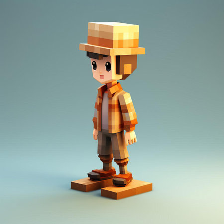 this cheerful 3d 8-bit pixel cartoon character, depicted as a happy kid wearing a hat, stands out against a crisp white background, showcasing a playful and youthful personality, perfect for digital designs, animations, and illustrations requiring a fun and lively vibe. ai generatedの素材