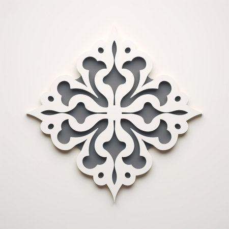 a white abstract 3d vector frame element of a paper flower with a heart shape, inspired by islamic art and architecture. the patterned surfaces showcase gothic dark and ornate designs, while the ceramic material adds a touch of elegance. the light gray and dark beige colors create a strong diagonal composition, highlighting the exquisite detail of this artwork. ai generatedの素材