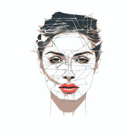 a woman's face is reimagined in a striking parallel vector mannerism, set against a crisp white isolated background, showcasing a modern contrast line illustration of her full body, exuding elegance and sophistication in a fusion of digital art and futuristic design. ai generatedの素材