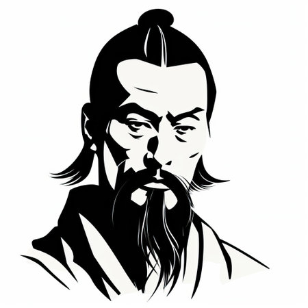 this mystical demon, depicted in a traditional japanese zen drawing, exudes an aura of contemplation, with his eyes closed and eyebrows furrowed in thought, donning a beard and short, wavy hair, adorned in an open-collared shirt and trousers, grasping a curved knife, set against an abstract, dreamlike background of shapes, evoking a sense of mysticism and ancient wisdom, blending japanese folklore with zen philosophy. aiの素材