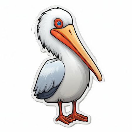 the american white pelican, a majestic bird species, is depicted in a cute cartoon-like sticker, showcasing its distinctive white and orange plumage, long neck, and large beak, perfect for nature lovers, bird enthusiasts, and designers looking for a charming and whimsical illustration. ai generatedの素材