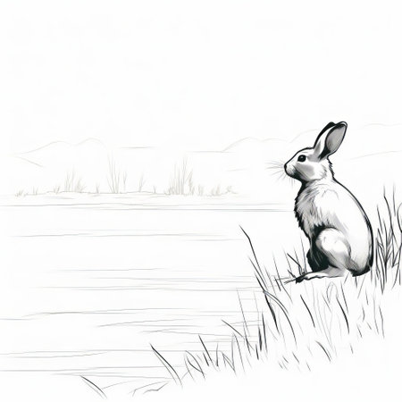 a rabbit sitting on the grass near a lake, depicted in a minimalistic black and white sketch style. this speedpainting showcases detailed hunting scenes and character design, with a soft atmospheric perspective and high horizon lines. the white background adds to the simplicity and focus on the rabbit in this serene setting. ai generatedの素材