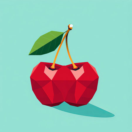 the cherry, a vibrant and juicy fruit, is beautifully depicted in this geometrically-simplified, flat-color vector illustration, perfect for designs requiring a stylized and modern representation of the popular stone fruit, ideal for food, health, and wellness-related projects. ai generatedの素材