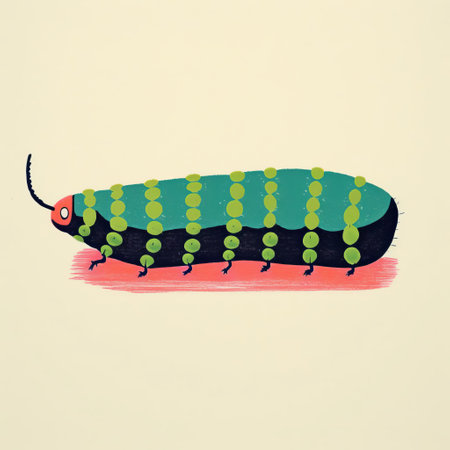the caterpillar, depicted in a minimal screenprint illustration, showcases its full body in a vibrant risograph print, highlighting its intricate details and playful demeanor, perfect for nature lovers and art enthusiasts alike, celebrating the beauty of entomology and illustration art. ai generatedの素材