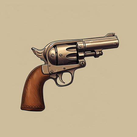 the cap and ball revolver, rendered in the distinctive style of moebius, sits proudly against a solid-colored background, its snub nose and minimalist details showcased from a three-quarter angle, evoking a sense of nostalgia and old-world charm, perfect for fans of westerns and vintage firearms enthusiasts. ai generatedの素材