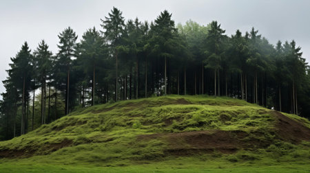 the forest mound, surrounded by a mix of deciduous trees and evergreen firs, stands majestically on a rainy day, with the misty atmosphere adding a touch of mystery, as the tops of the trees peek out from the fog, creating a serene and peaceful landscape scenery. ai generatedの素材