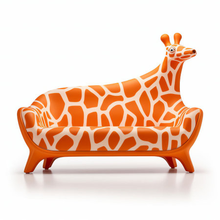 a whimsical 3d sofa inspired by a giraffe's iconic spots and long neck, set against a crisp white isolated background, perfect for adding a touch of playful elegance to any digital design, interior visualization, or product rendering project, blending modern furniture with african wildlife charm. ai generatedの素材