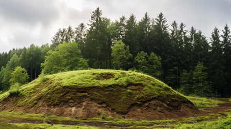 the forest mound, surrounded by a mix of deciduous trees and firs, stands tall amidst the gloomy rainy weather, with the tops of the trees visible above the mist, creating a serene and mystical atmosphere, perfect for nature lovers and photography enthusiasts. ai generatedの素材