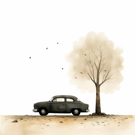 the car, a vibrant and stylized full-body illustration, is showcased against a clean, isolated background, highlighting the meticulous artistry of jon klassen, renowned for his whimsical and imaginative style, blending simplicity with intricate details, perfect for car enthusiasts and art lovers alike. ai generatedの素材
