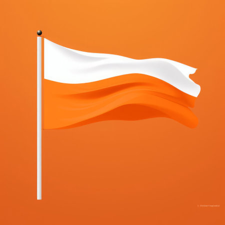 the vibrant orange flag, waving proudly against a bright blue sky, is beautifully captured in this stunning photograph, showcasing its bold and striking color, reminiscent of a computer screen's bright orange hue, evoking feelings of energy and warmth. ai generatedの素材