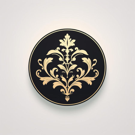a modern logo design featuring a round black and gold badge with a stylized floral pattern. inspired by luxurious wall hangings and the rococo style, this design exudes elegance with its soft lighting and highly detailed foliage. reminiscent of the works of andre-charles boulle, this logo showcases a blend of elegant realism and miniature illumination. ai generatedの素材