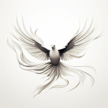 a modern silhouette of an opulent holographic white bird is showcased against a pale background, adorned with intricate feathers. the artwork captures a realistic portrayal of light and shadow, utilizing a captivating combination of dark white and gray tones. inspired by the mastery of ink and persian miniature art, this detailed character design exhibits fluid formation, making it a deserving contest winner. ai generatedの素材