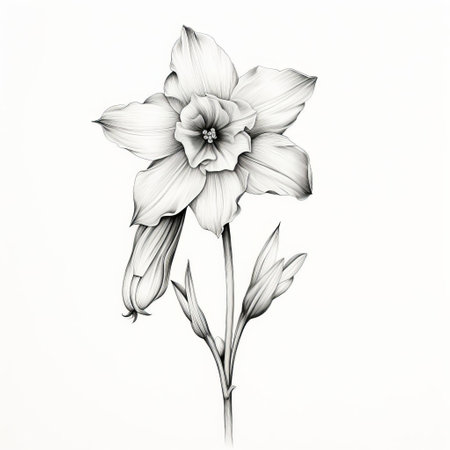 "daffodil drawing takes center stage, accompanied by campanula poscharskyana, set on a pristine white background. a study in contrasts, it explores the delicate beauty of nature, perfect for those seeking minimalist tattoo inspiration." (55 words), ai generatedの素材