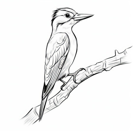 a woodpecker, depicted in a minimalist style with thick lines, is showcased in a side view pose on a pristine white isolated background, highlighting the bird's distinctive features and vibrant plumage, perfect for nature enthusiasts and design projects requiring a touch of simplicity. ai generatedの素材